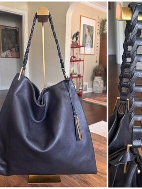 Vince Camuto Ruedi Slouchy Hobo Shoulder Bag Black Pebbled Leather Braided Strap